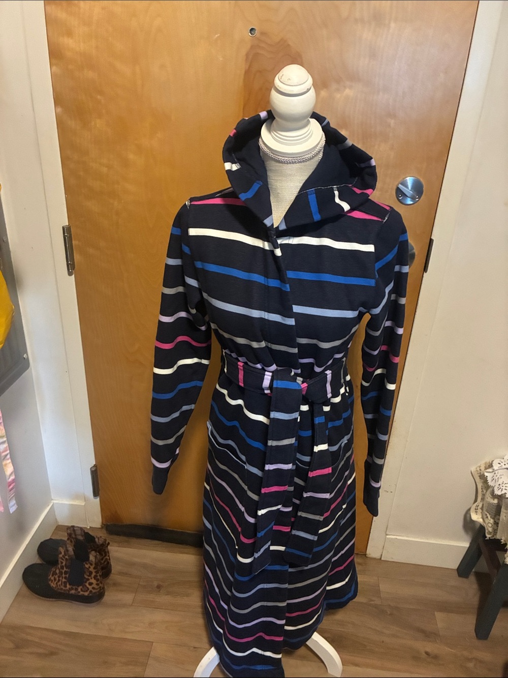 Lands' End Navy Hooded Trench Coat with Multicolor Stripes